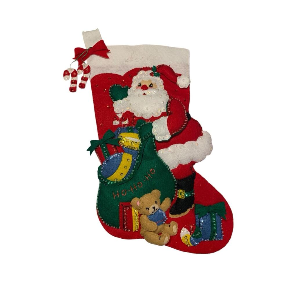 Finished Bucilla Christmas Stocking Handmade Santa Felt Sequin Applique 84856